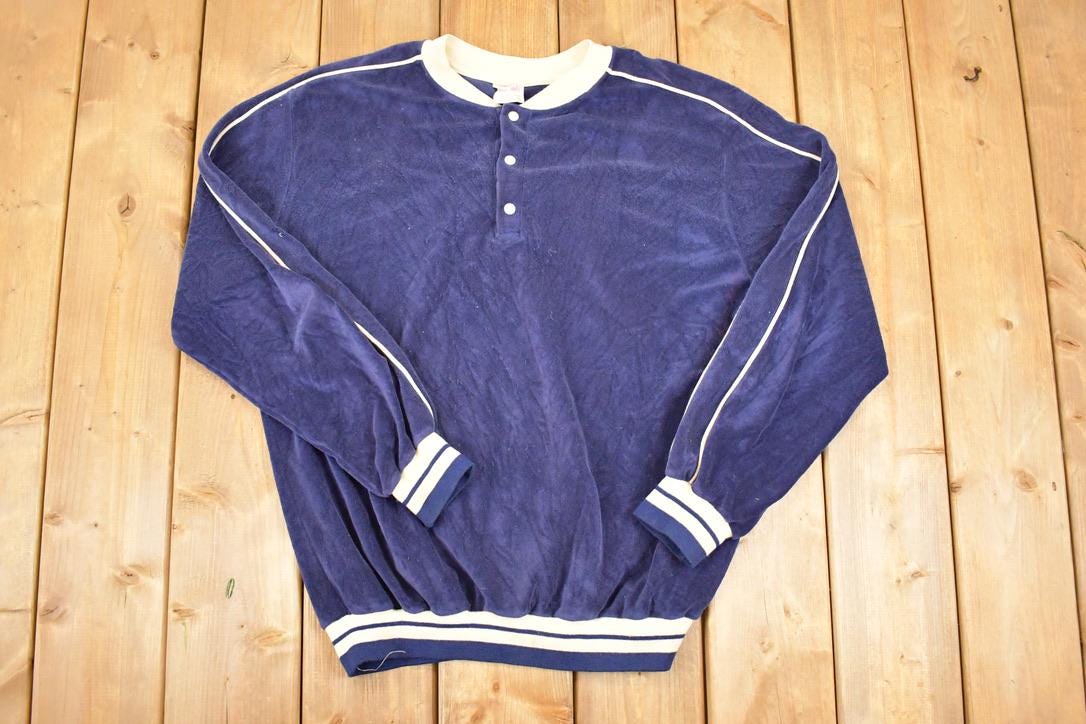 Vintage 1980s Tops And Trends Quarter Button Velour Sweatshirt Mens L