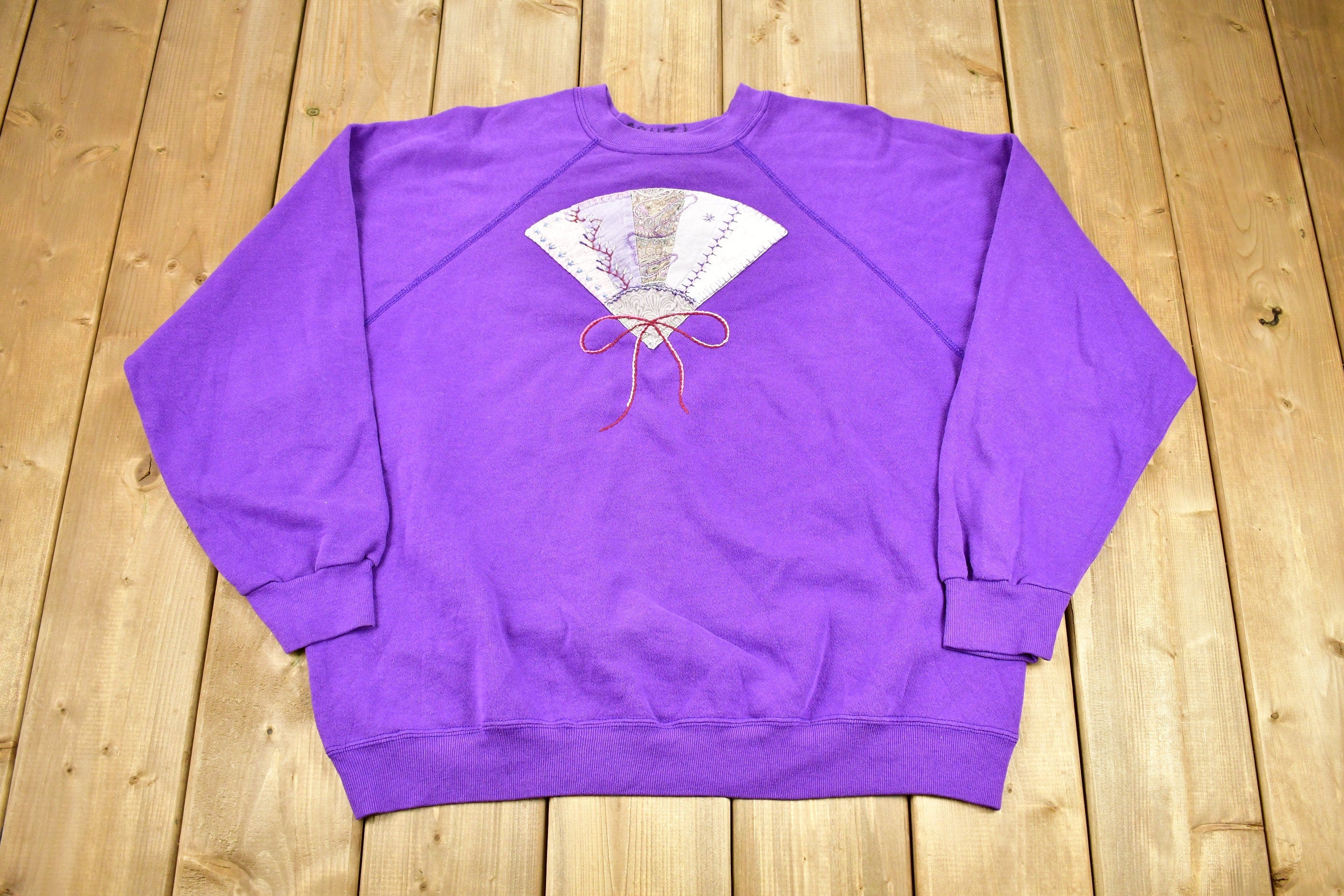 Vintage 1980s Asian Hand Fan Embroidered Graphic Raglan Cut Crewneck Sweater