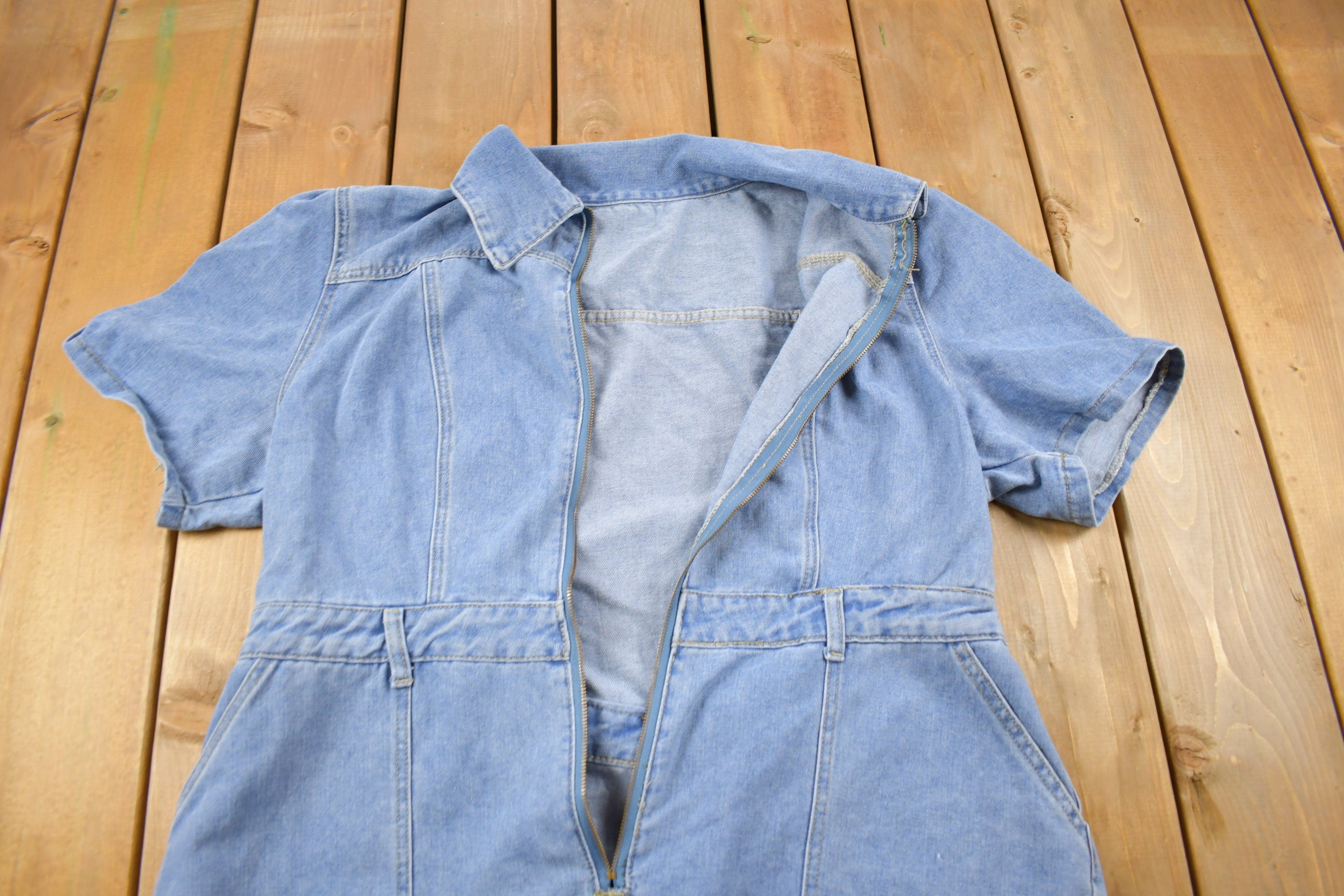 Vintage 1990s Women's Short Sleeve Denim Jumpsuit Size Large