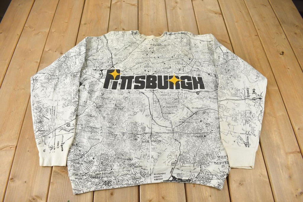 Vintage 1990s Pittsburgh All Over Print Map Graphic Souvenir Travel Crewneck Sweatshirt