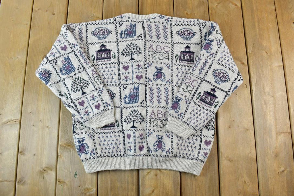 Vintage 1990s Premier Knitwear School Theme Button Up Cable Knit Sweater