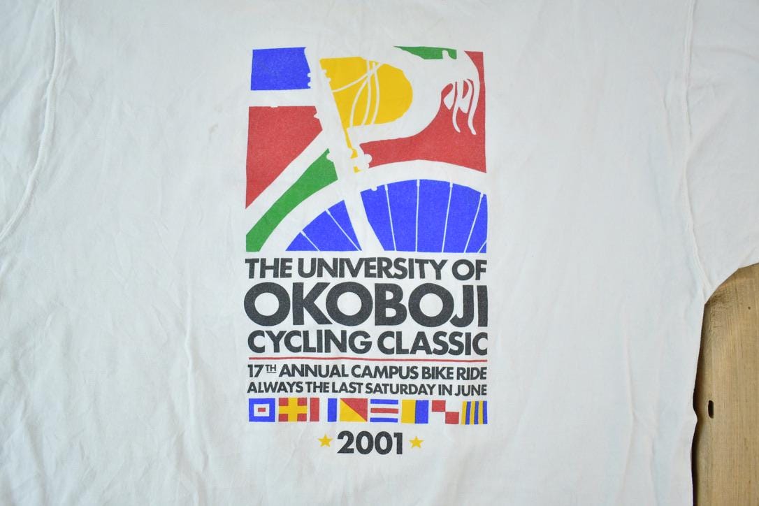 Vintage 2001 Okoboji Cycling Classic Souvenir Single Stitch Graphic Print T-Shirt
