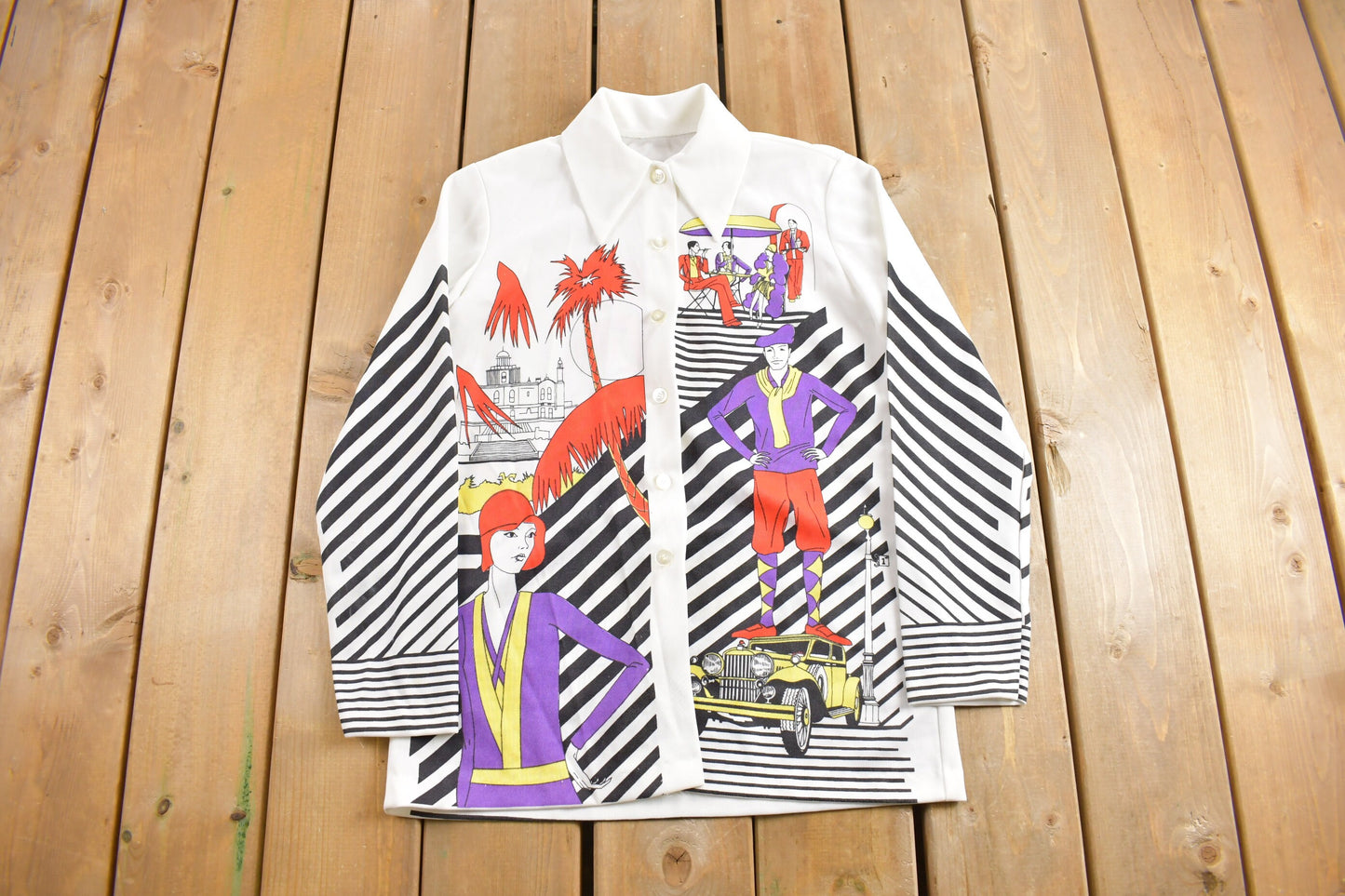 Vintage 1970s Parisian Art Deco Graphic Button Up Shirt / 70s Button Up / True Vintage / Abstract Pattern / 70s Fashion