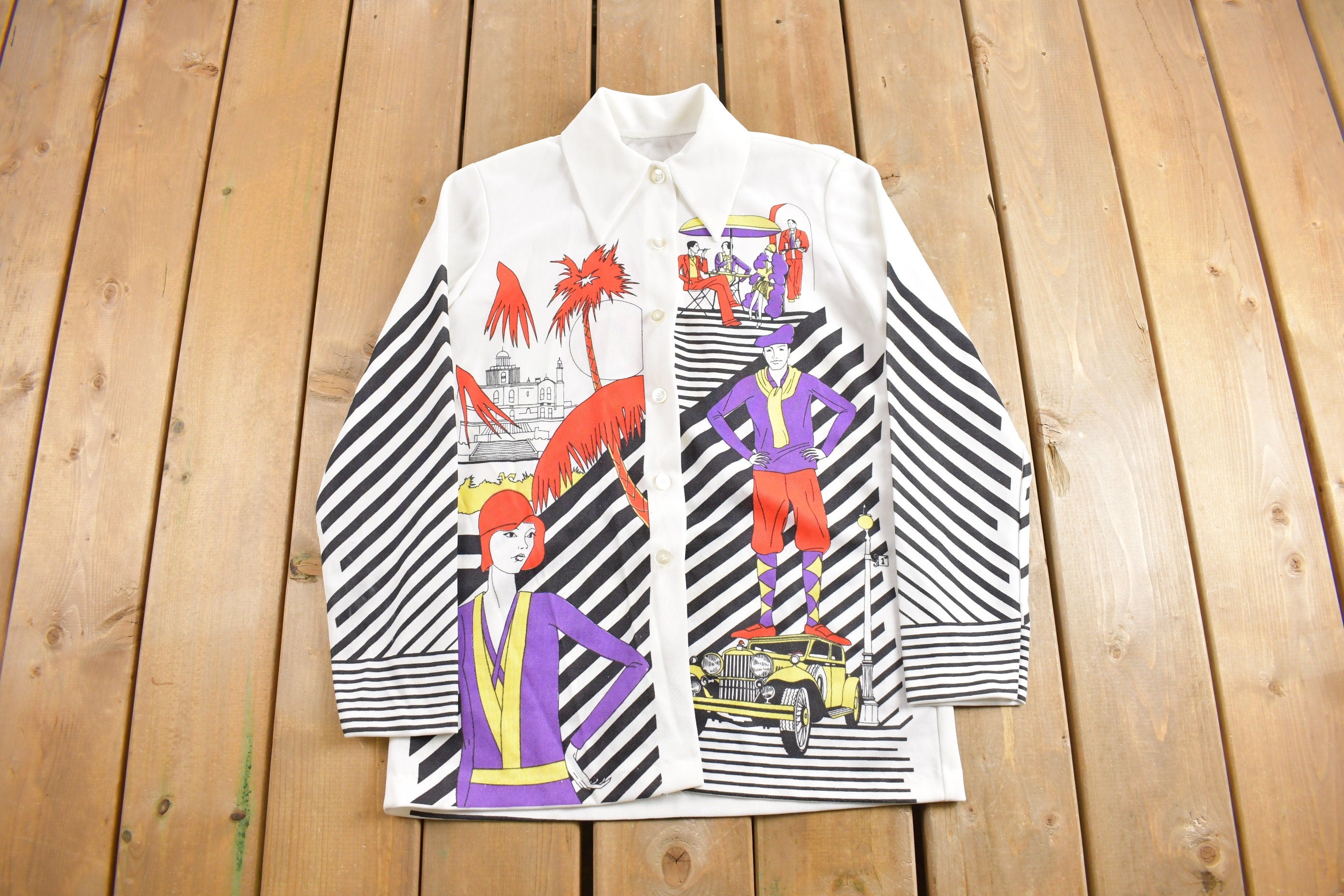 Vintage 1970s Parisian Art Deco Graphic Button Up Shirt