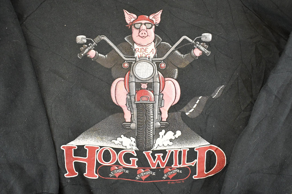 Vintage 1990s Hog Wild Piggy Motorcycle Souvenir Collared Crewneck Sweatshirt Womens L  90s Crewneck  Travel Vacation Sweater