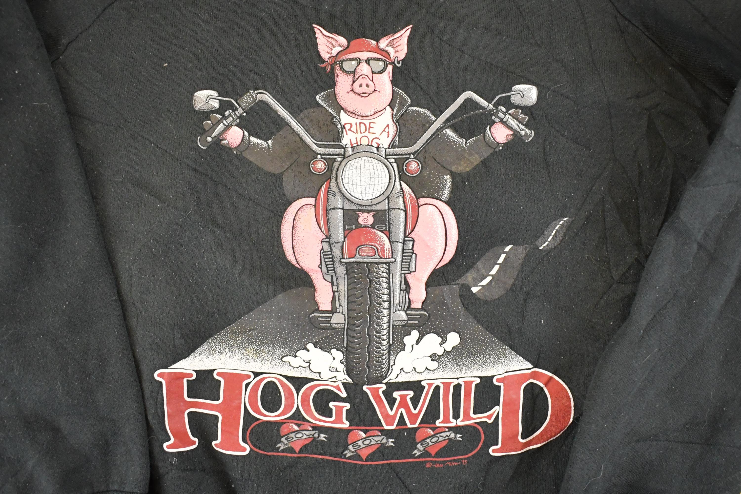 Vintage 1990s Hog Wild Piggy Motorcycle Souvenir Collared Crewneck Sweatshirt Womens L  90s Crewneck  Travel Vacation Sweater