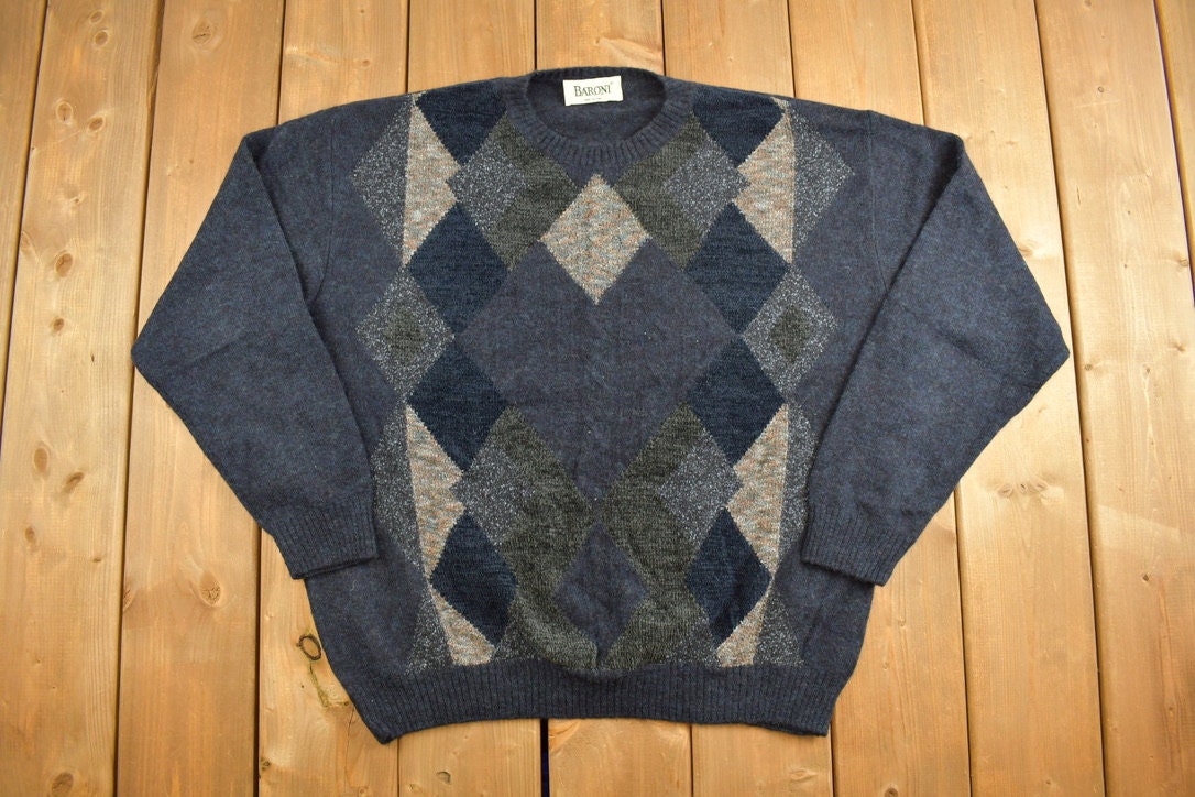 Vintage 1990s Baroni Knitted Argyle Crewneck Sweater