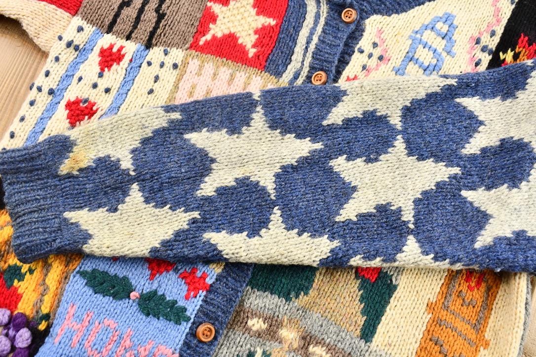 Vintage 1989 Eagles Eye 100% Wool Unique Textured American Flag and Granny Square Patchwork Knit Cardigan Sweater