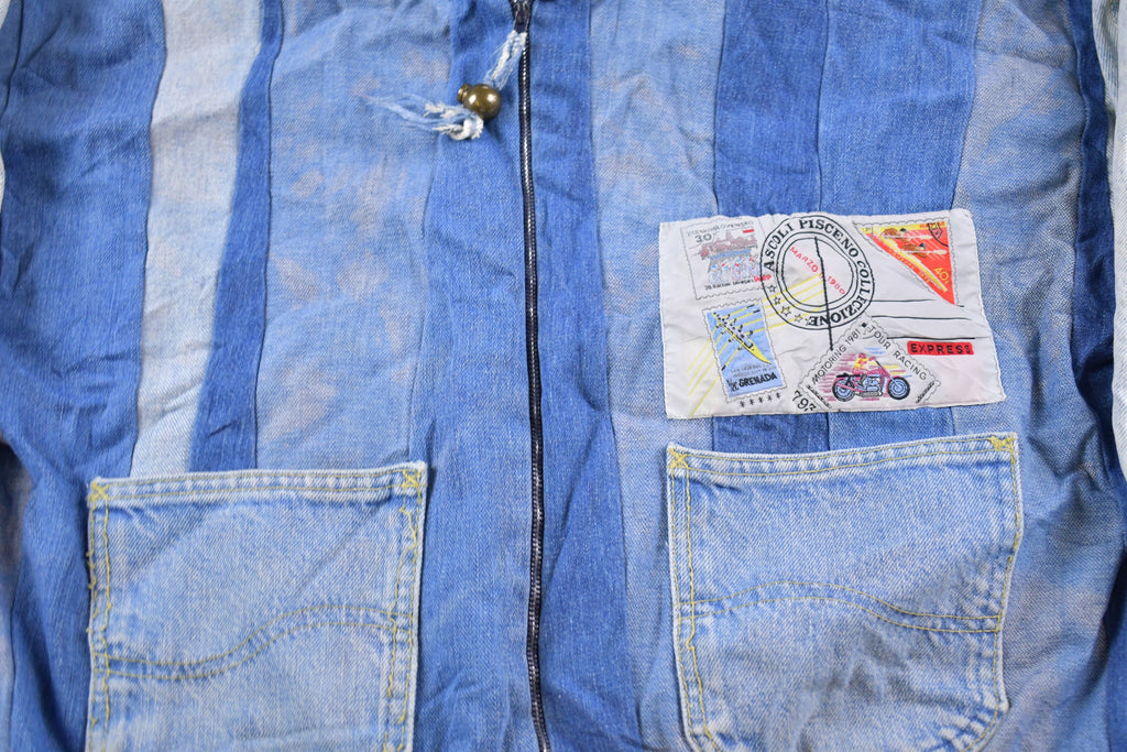 Vintage 1981 Motoring Tour Racing Striped Patchwork Denim Jean Jacket