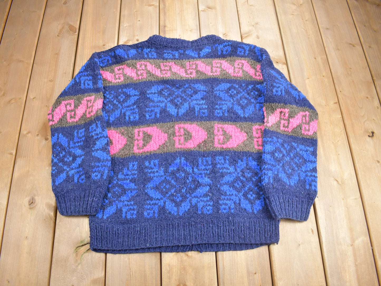 Vintage 1980s Hand Knit Striped Crewneck Sweater / Vintage Crewneck / All Over Pattern / Colourful Sweatshirt / Abstract Sweater