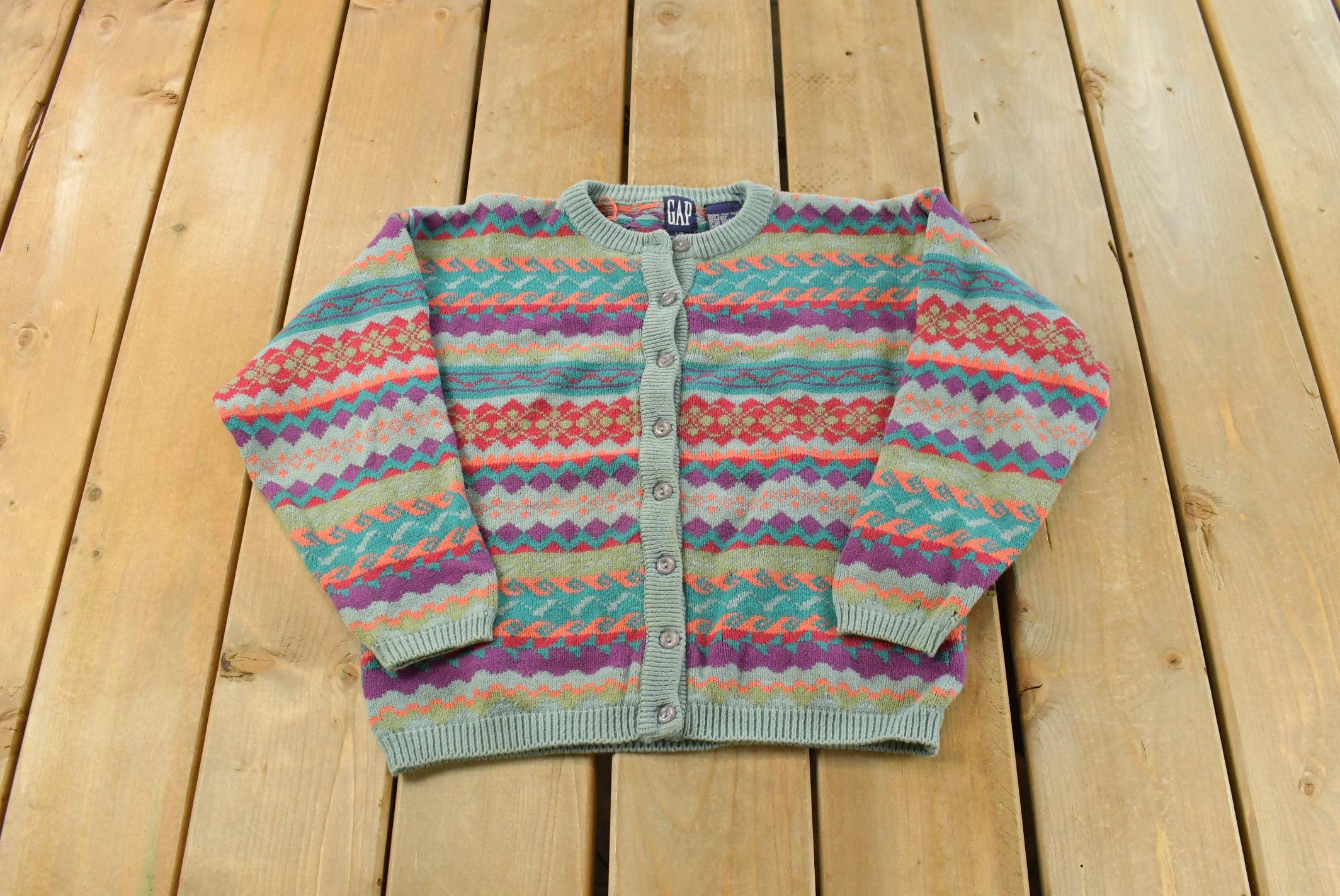 Vintage 1990s Gap Abstract Knit Cardigan Sweater Youth L
