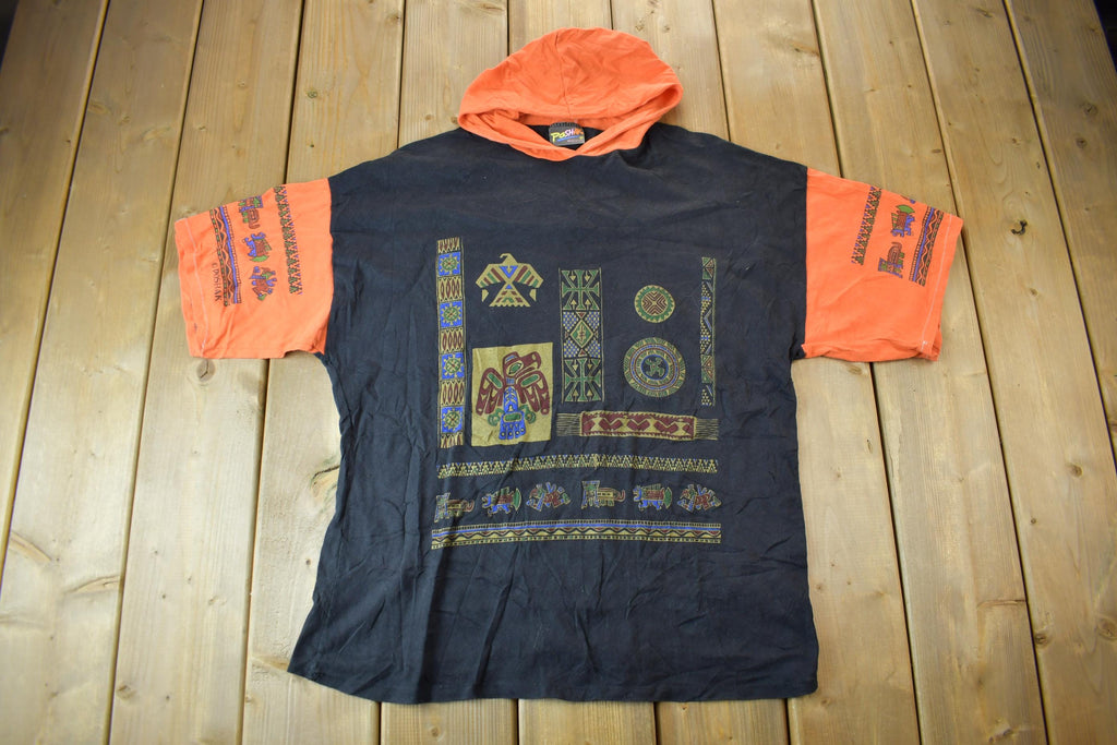 Vintage 1990s Aztec Mayan Theme Single Stitch Graphic Hooded T-Shirt Made In UK