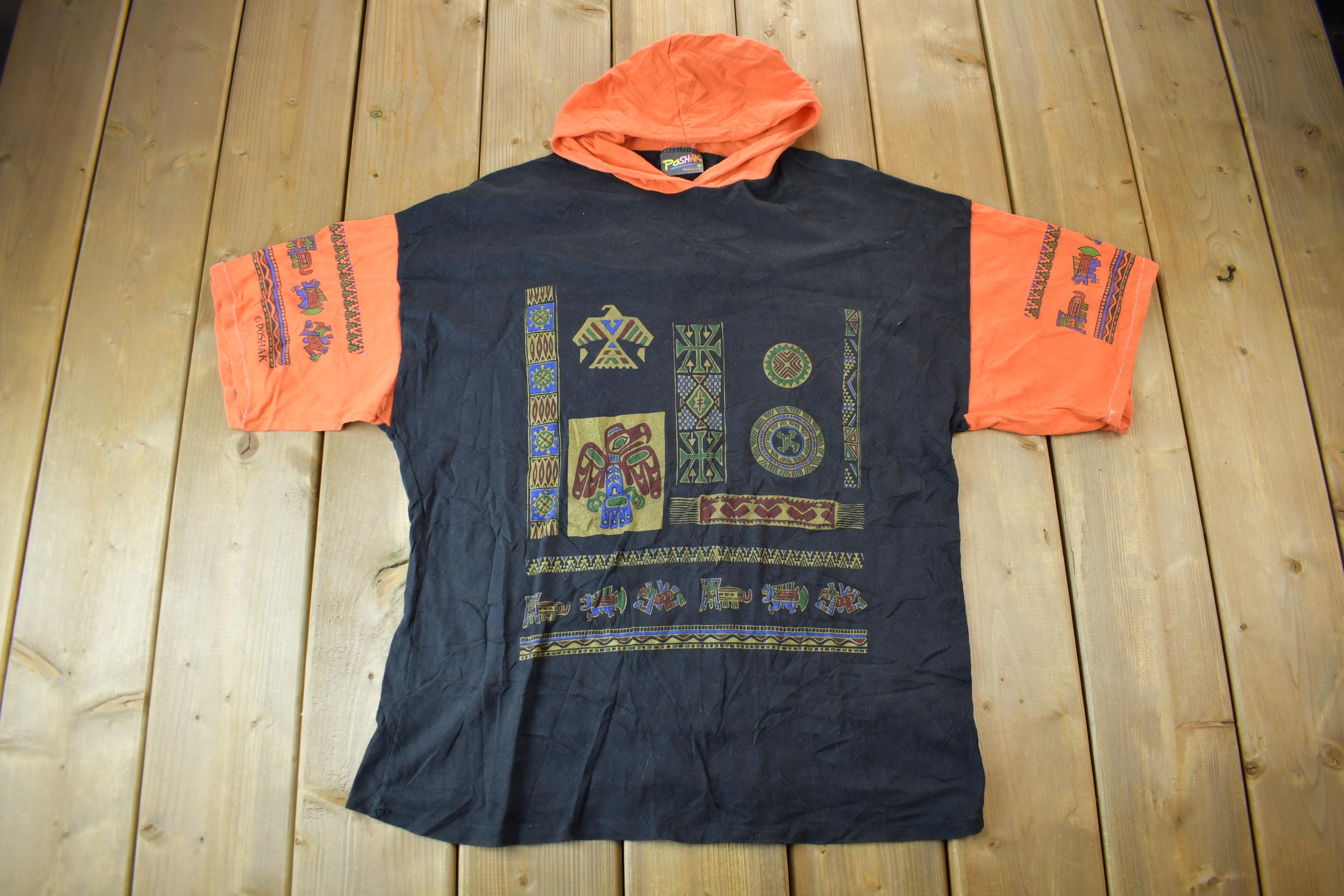 Vintage 1990s Aztec Mayan Theme Single Stitch Graphic Hooded T-Shirt Made In UK