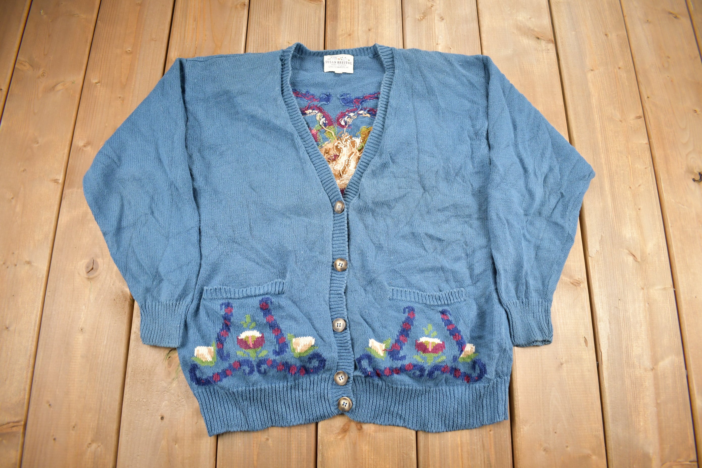 Vintage 1993 Susan Bristol Floral Embroidered Knit Cardigan