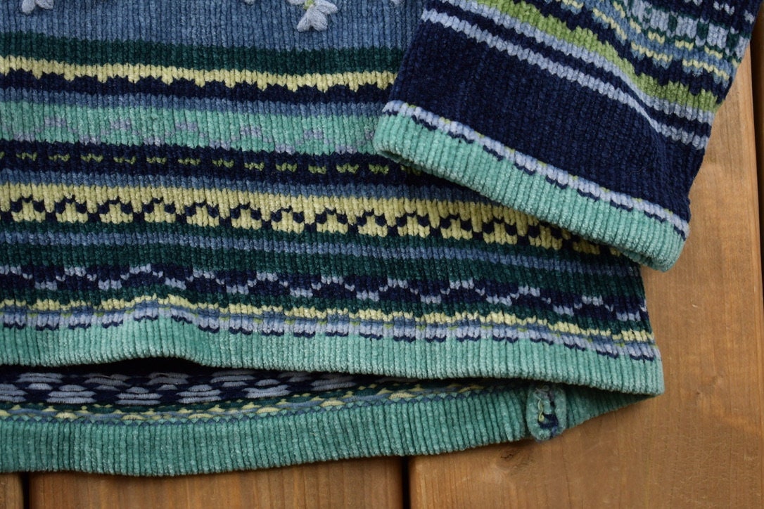 Vintage 1990s Blues Stag Knitted Patchwork Ladies Sweater