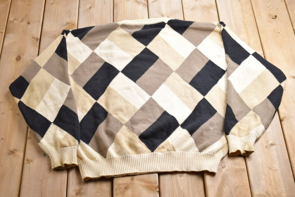 Vintage 1990s Croft And Barrow Knitted Argyle Crewneck Sweater / Vintage 90s Crewneck / All Over Pattern / Sweatshirt / Abstract Pattern