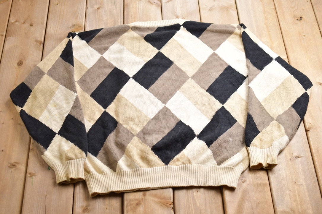 Vintage 1990s Croft And Barrow Knitted Argyle Crewneck Sweater / Vintage 90s Crewneck / All Over Pattern / Sweatshirt / Abstract Pattern