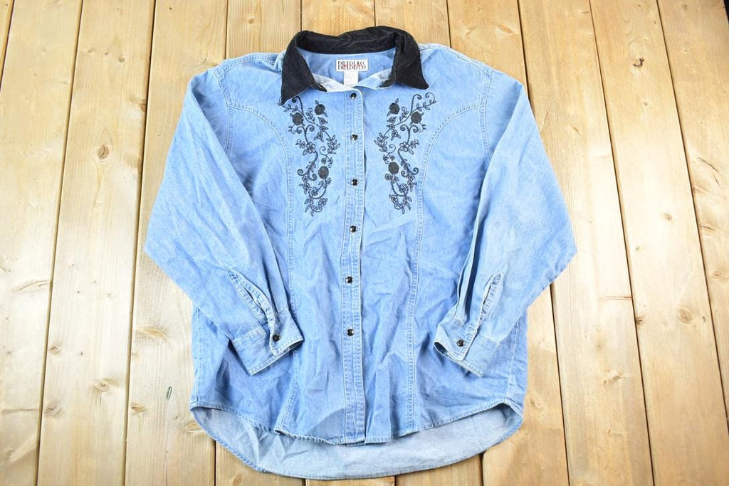 Vintage 1990s Bill Blass Velour Collar Denim Embroidered Floral Button Up Shirt Mens M