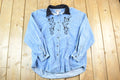 Vintage 1990s Bill Blass Velour Collar Denim Embroidered Floral Button Up Shirt Mens M