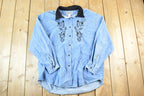 Vintage 1990s Bill Blass Velour Collar Denim Embroidered Floral Button Up Shirt Mens M