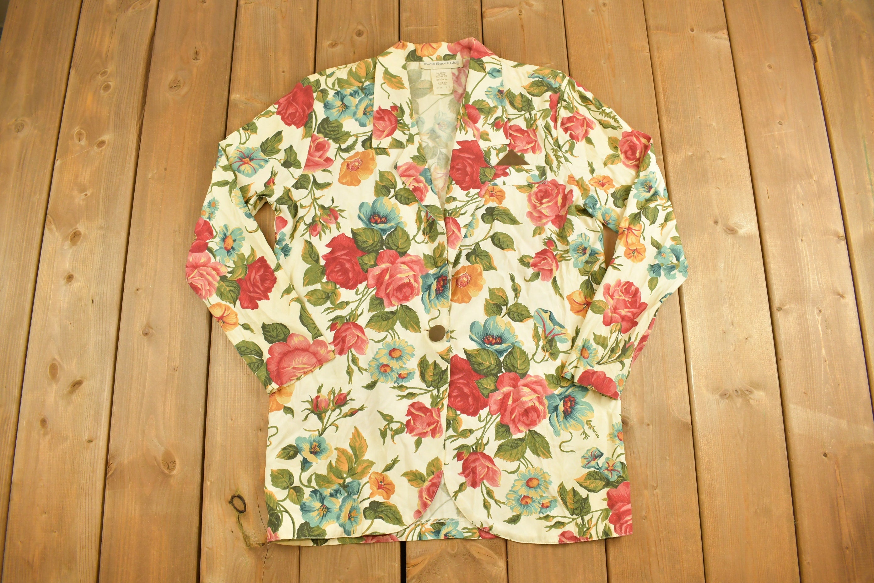 Vintage 1990s Womens Paris Sport Club Floral Theme Button Up Shirt