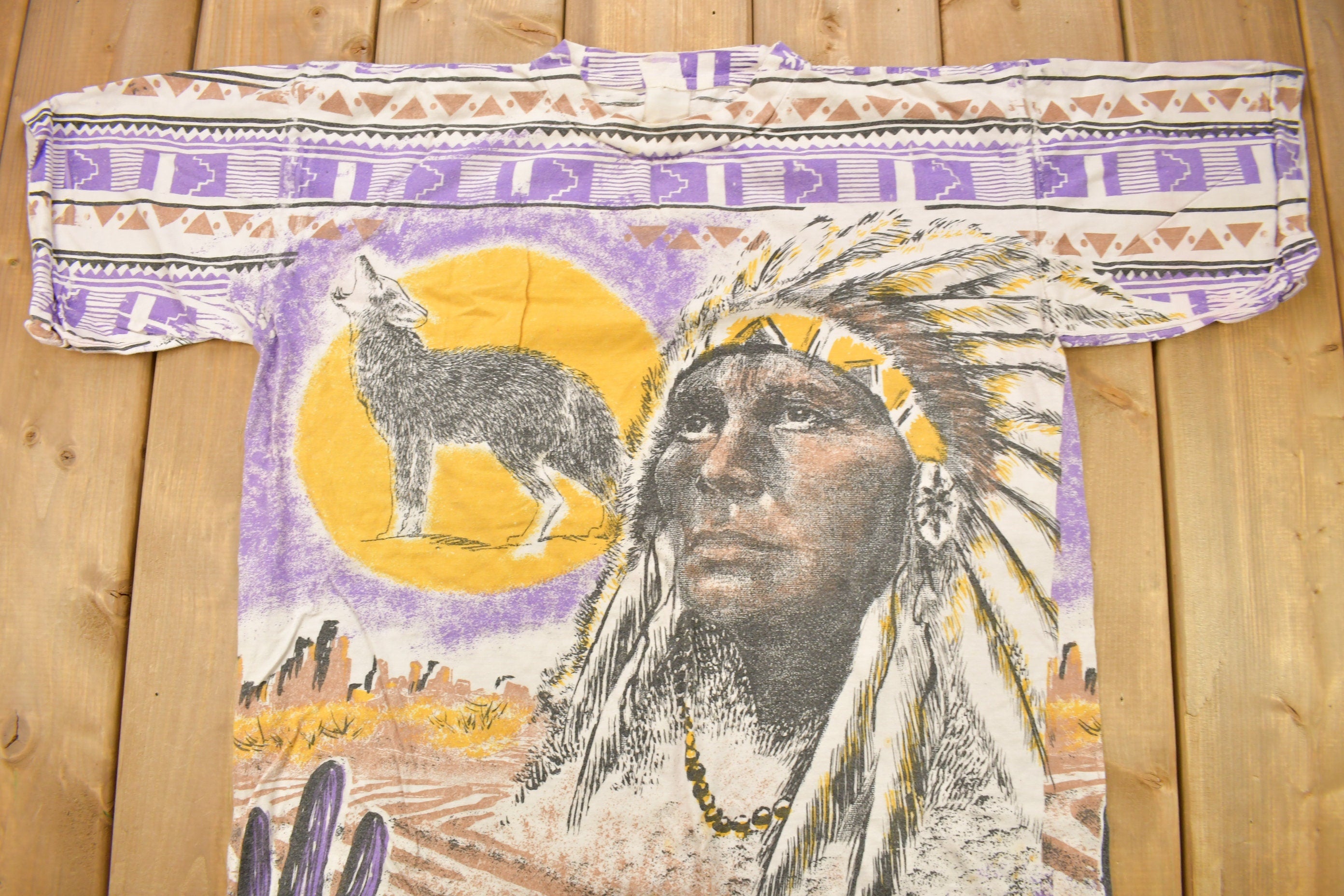 Vintage 1990s Native American Wolf Theme All Over Print Graphic T-Shirt