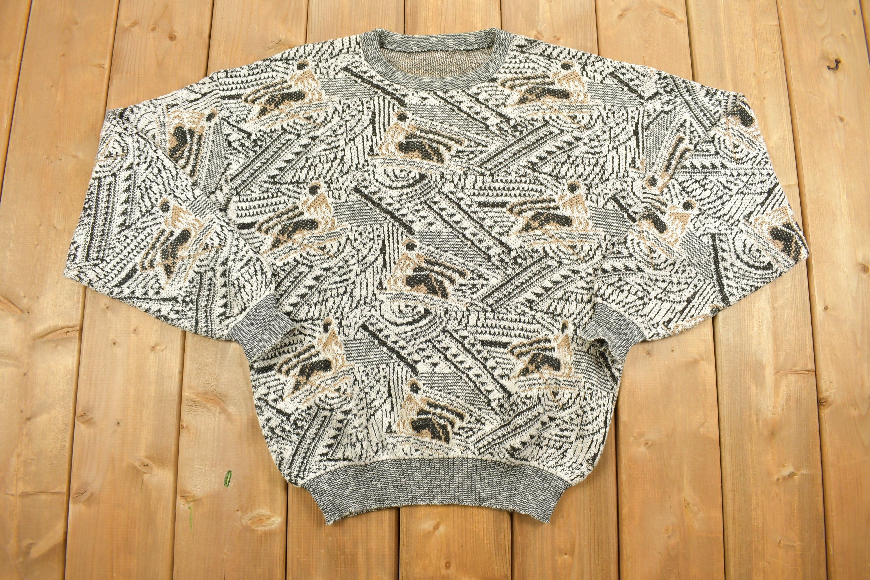 Vintage 1990s Abstract Knitted Crewneck Sweater All Over Pattern