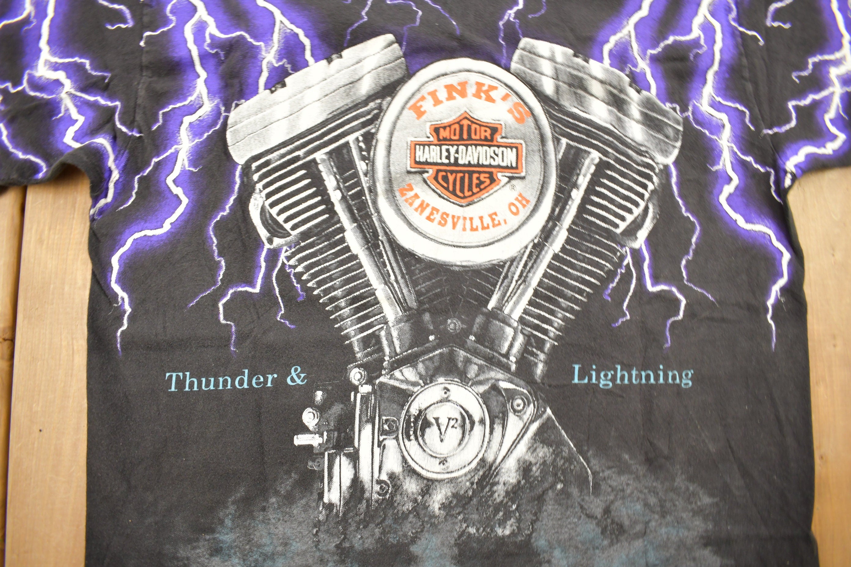 Vintage 1992 Harley Davidson Motorcycles Thunder & Lightning All Over Print T-Shirt
