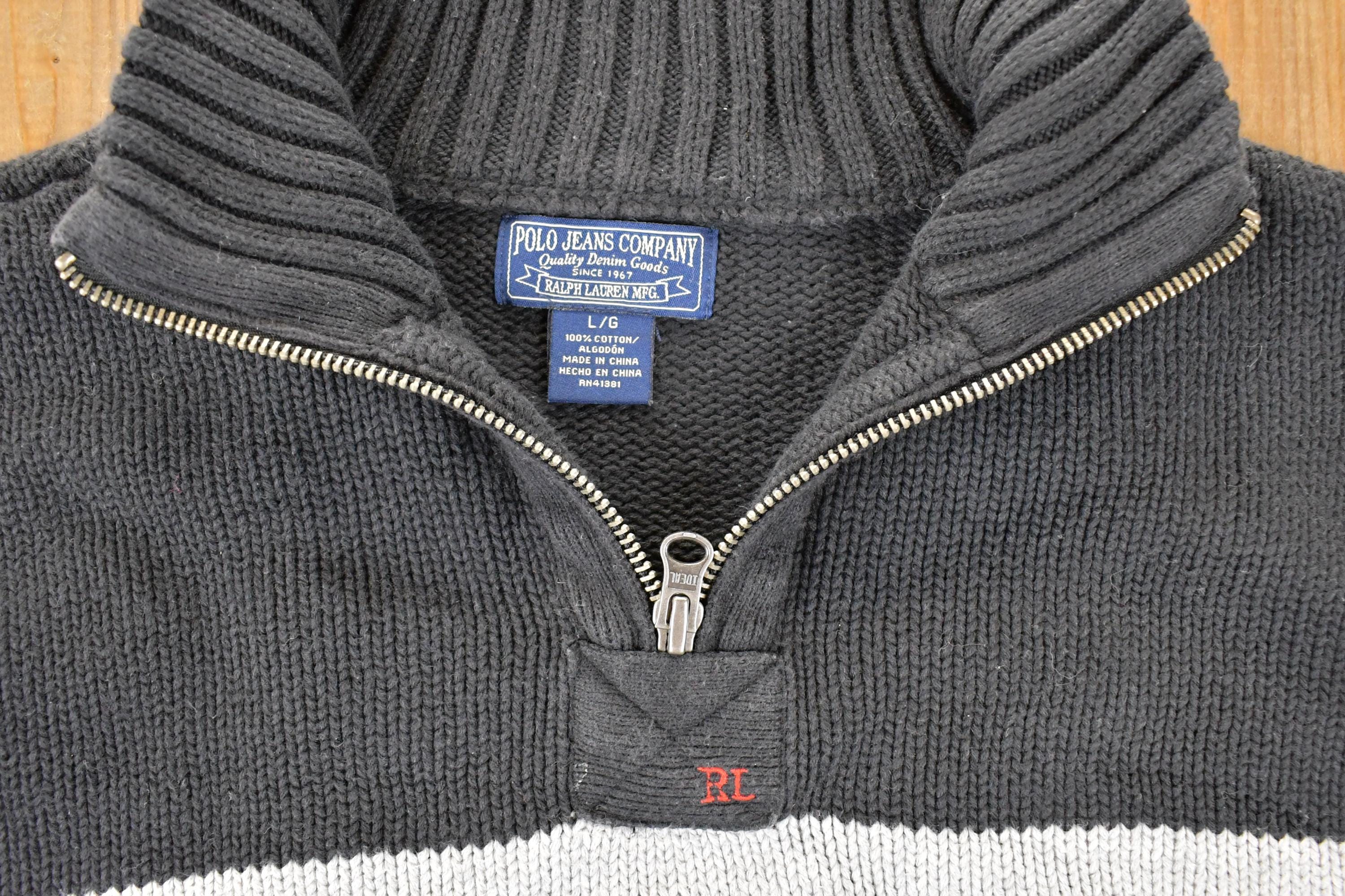 Vintage 1990s Polo Jeans Company Quarter Zip Cable Knit Collared Sweater Men's M