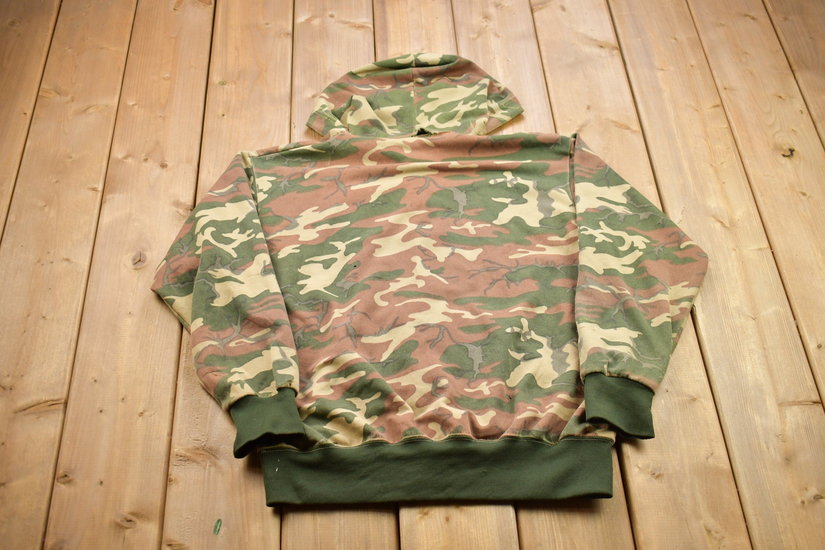Vintage 1990s Distressed Camouflage Zip Up Hoodie  90s Hoodie  Vintage Sweater  Color Block  Camo Zip Up  Camo Hoodie  Camo Sweater