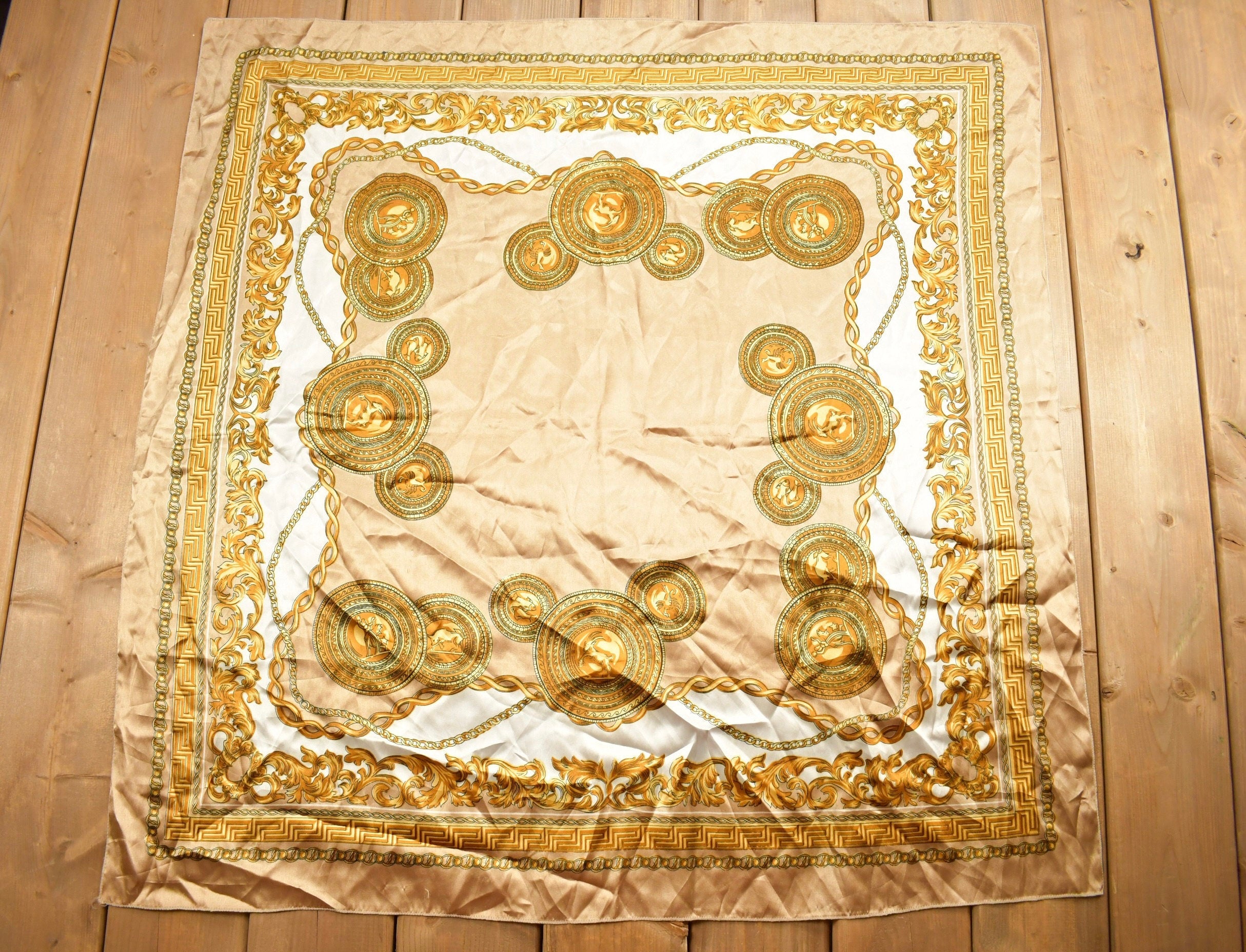 Vintage 1980s Gold Gilded Ornament Pattern Scarf