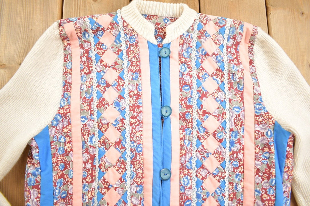 Vintage 1990s Knitted Sleeve Floral Patchwork Bomber Style Cardigan Sweater