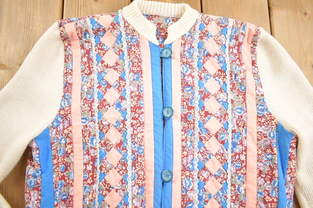 Vintage 1990s Knitted Sleeve Floral Patchwork Bomber Style Cardigan Sweater / Vintage Cardigan / Button Up / Abstract Pattern
