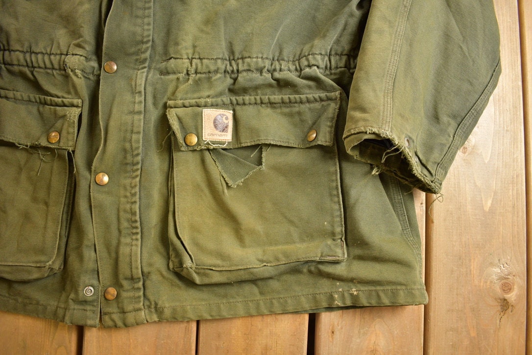Vintage 1980s Army Green Carhartt Chore Coat Jacket
