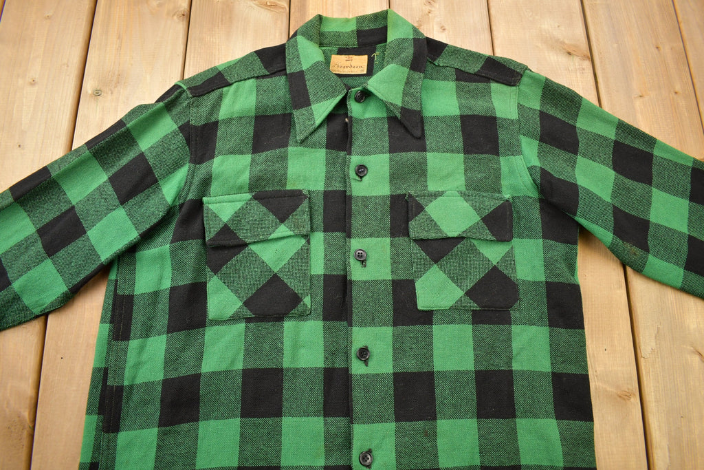 Vintage 1950s Aberdeen Green Buffalo Plaid Wool Button Up Shirt