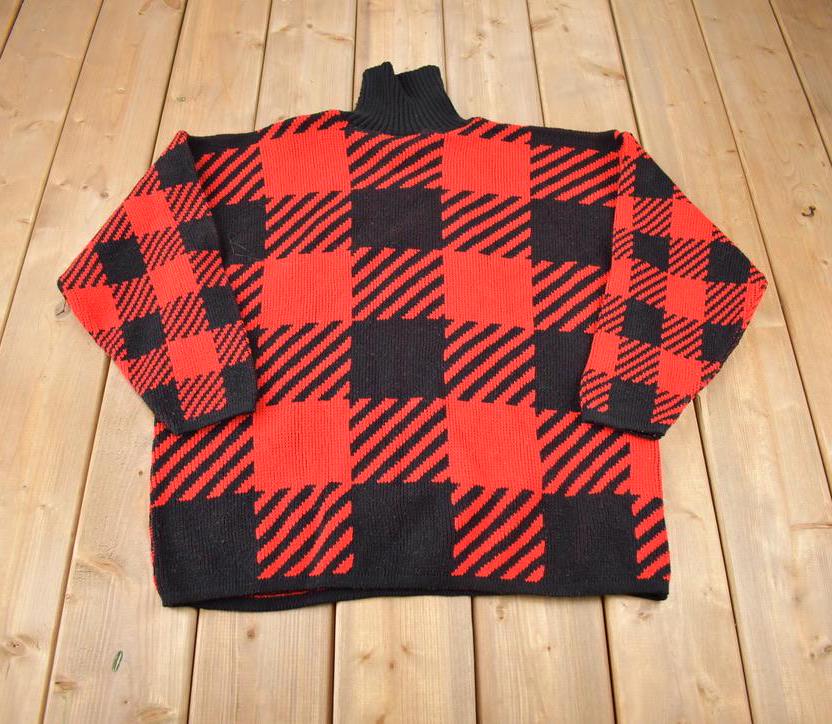 Vintage 1980s Traffic Jam Buffalo Plaid Turtle Neck Sweater