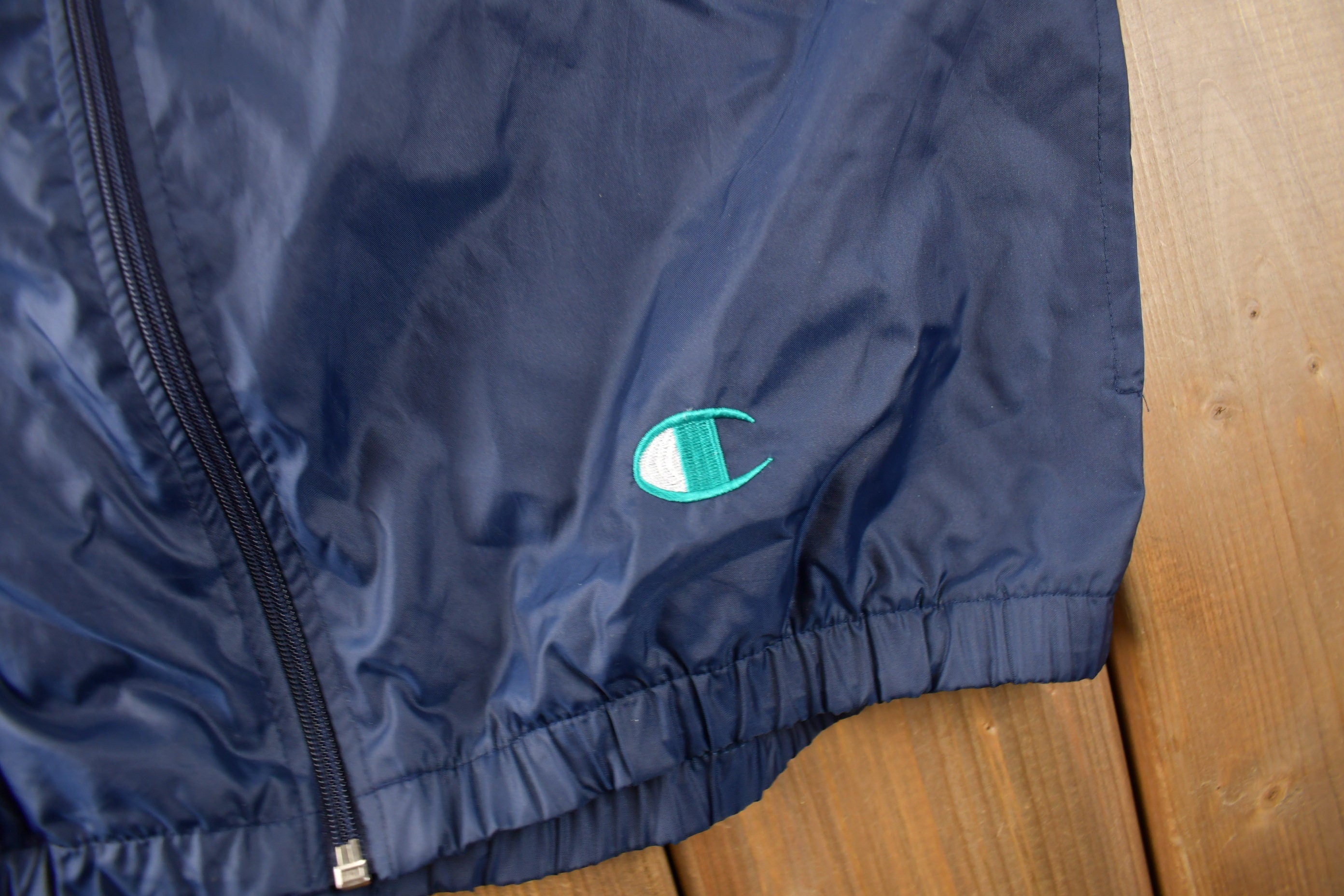 Vintage 1990s Blue & Green Champion Small Logo Windbreaker Jacket Size Small