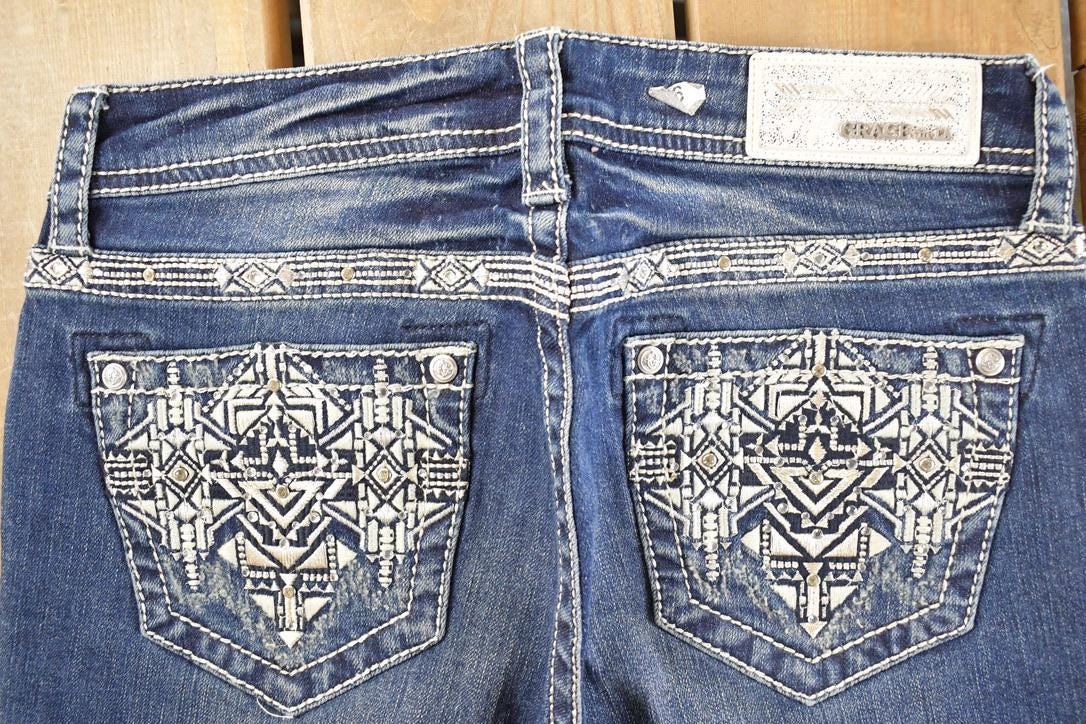 Vintage Deadstock Y2K Grace In LA Bedazzled Bootcut Low Rise Jeans Women's Size 26 x 32