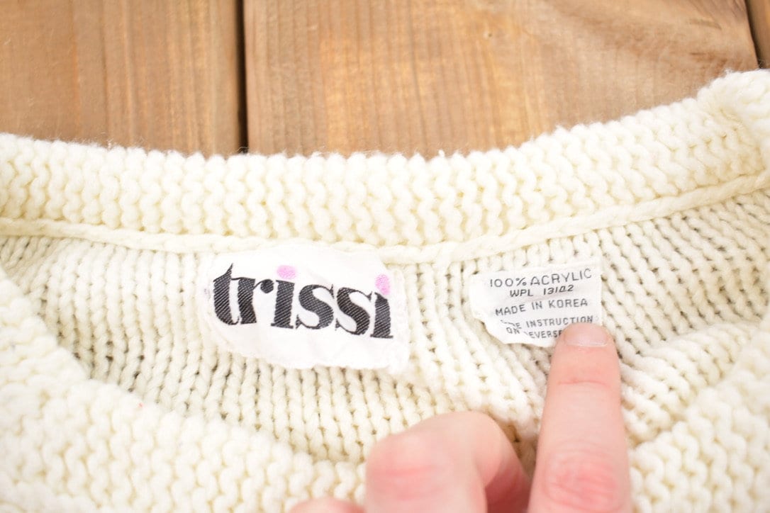 Vintage 1990s Blank White 3D Cable Knit Crewneck Sweater