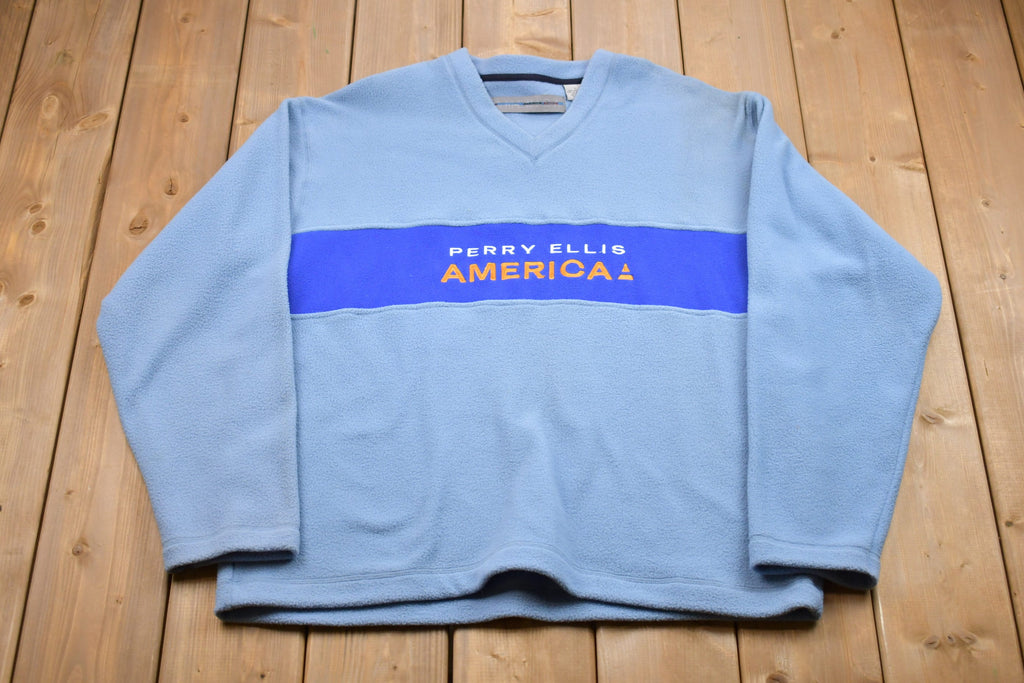 Vintage 1990s Perry Ellis American Embroidered Fleece V-Neck Sweatshirt