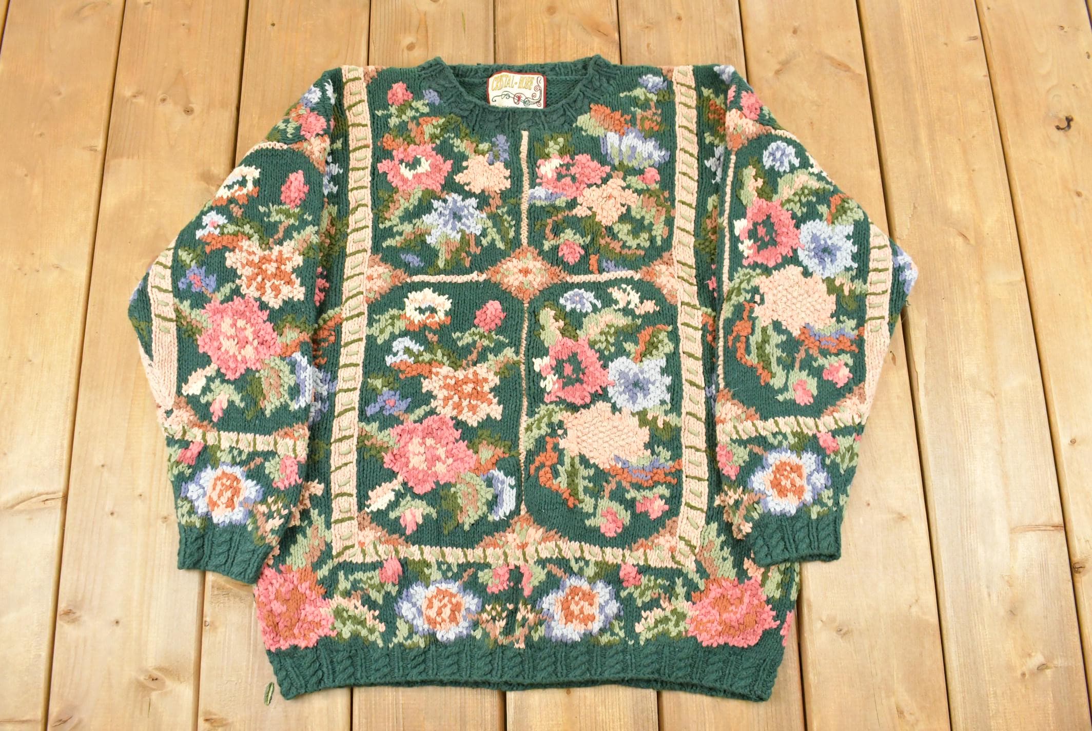 Vintage 1990s Crystal-Kobe Knit Floral Sweater Women's Large