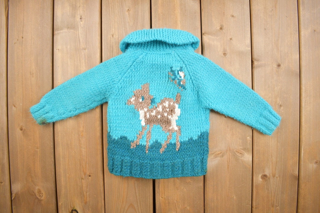Vintage 1960s Toddler Hand-Knit Deer Fawn Cowichan Sweater