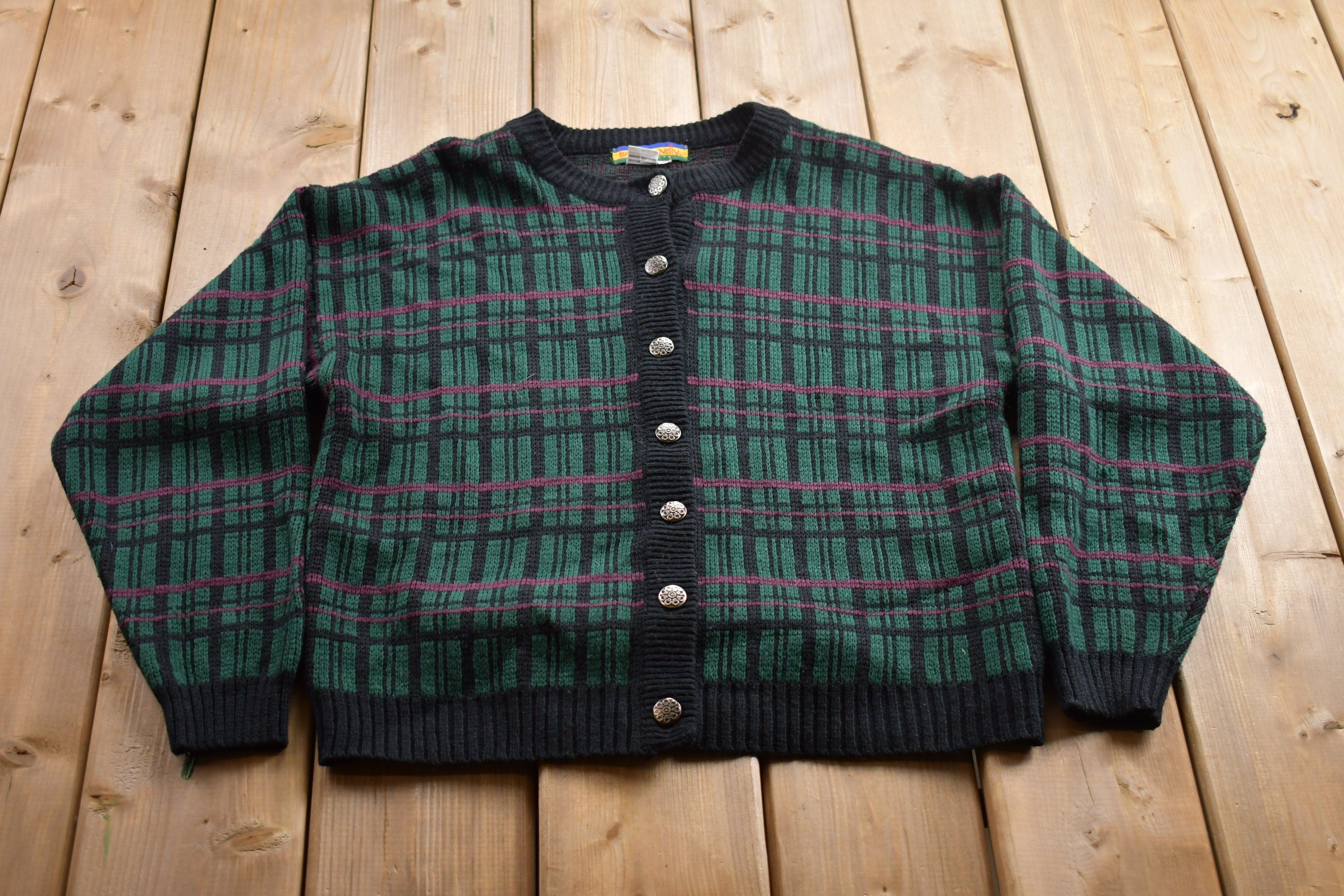 Vintage 1990s Bryn Connelly Plaid Knitted Cardigan Sweater