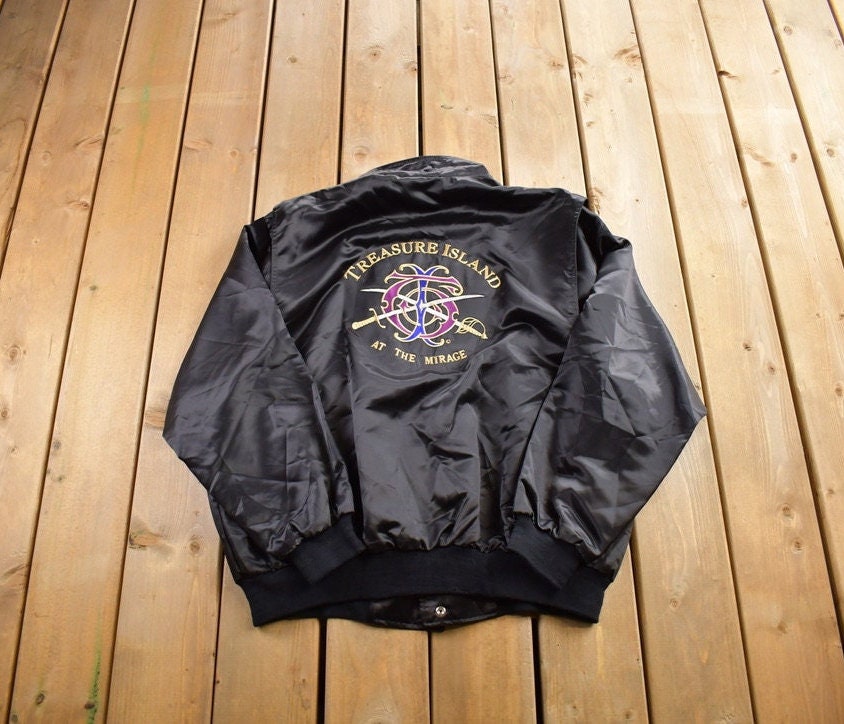Vintage 1980s Treasure Island Mirage Embroidered Snap Button Satin Jacket Made In USA