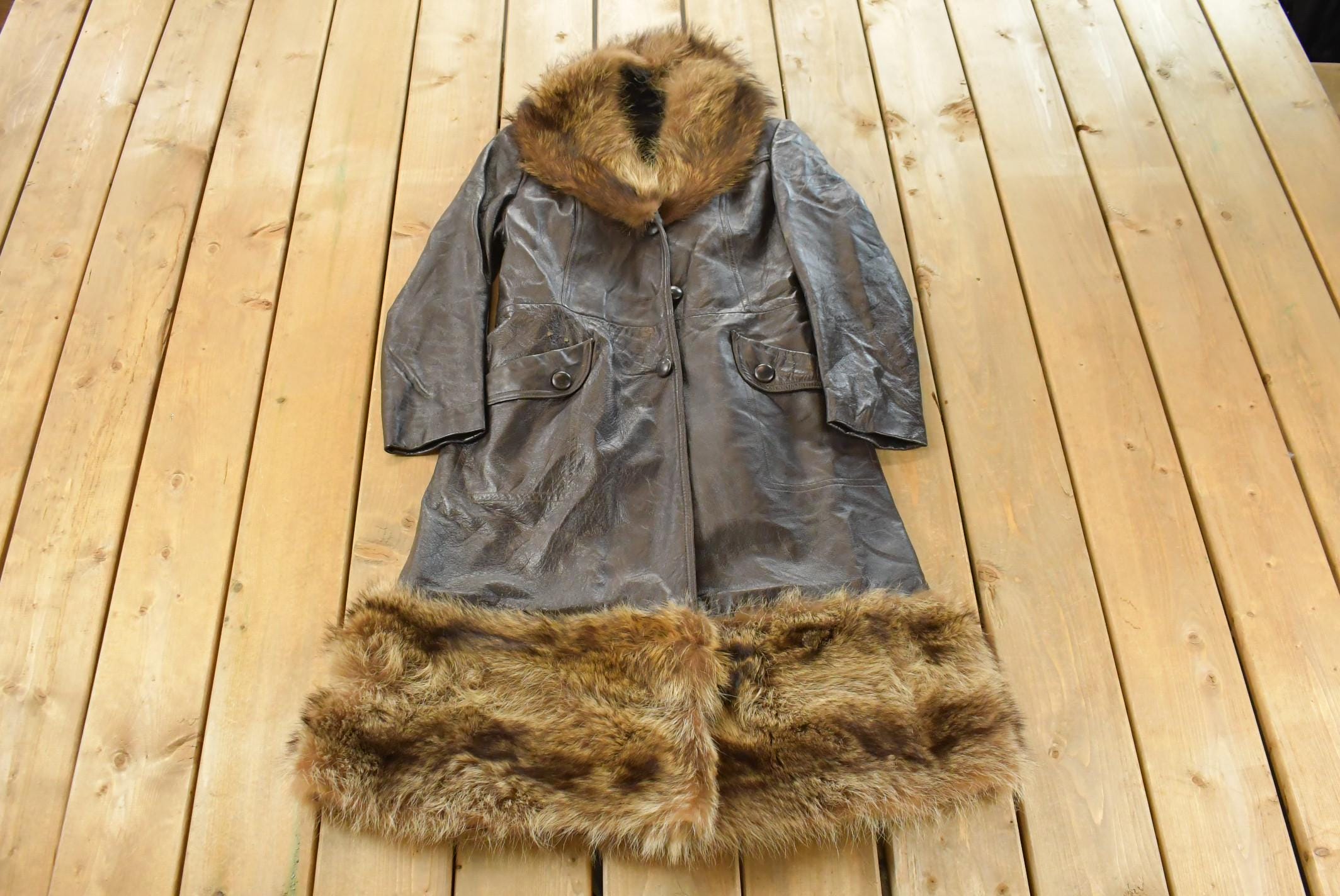 Vintage 1970s Trojan Leather Fur Collar Trench Coat Women's S
