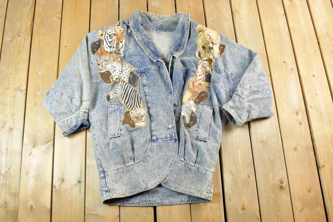 Vintage 1980s Studded Tigers and Leopards Jean Jacket Made In USA