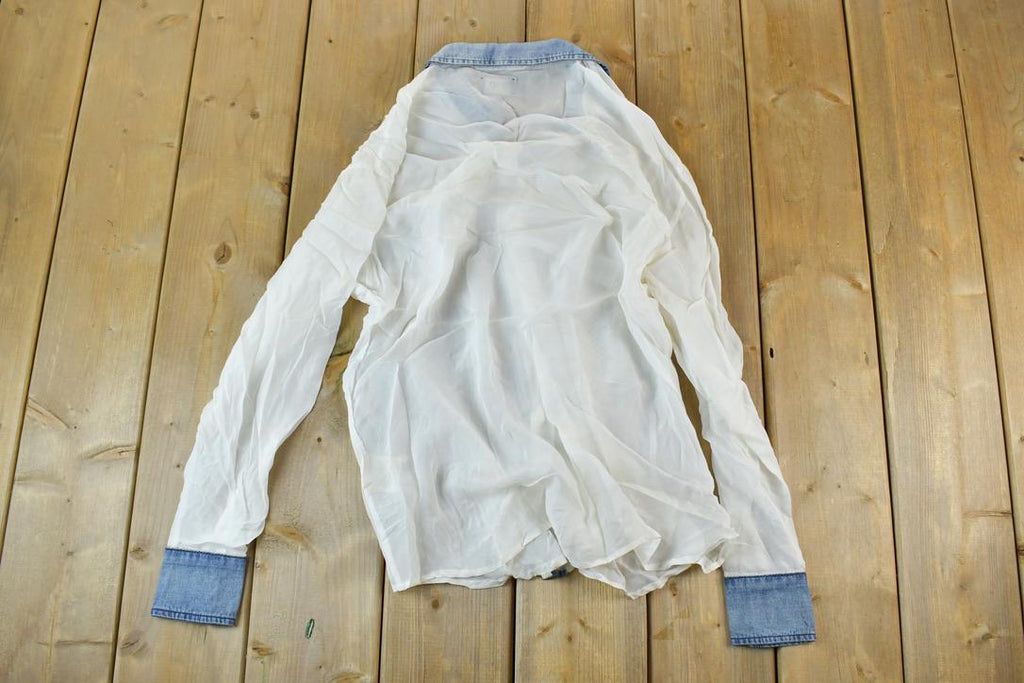 Women Vintage DD Paris Y2K Denim Button Up Shirt / Vigoss Grunge Skull Print / Contrast Stitch / Internet Famous Clothing / Over Dyed