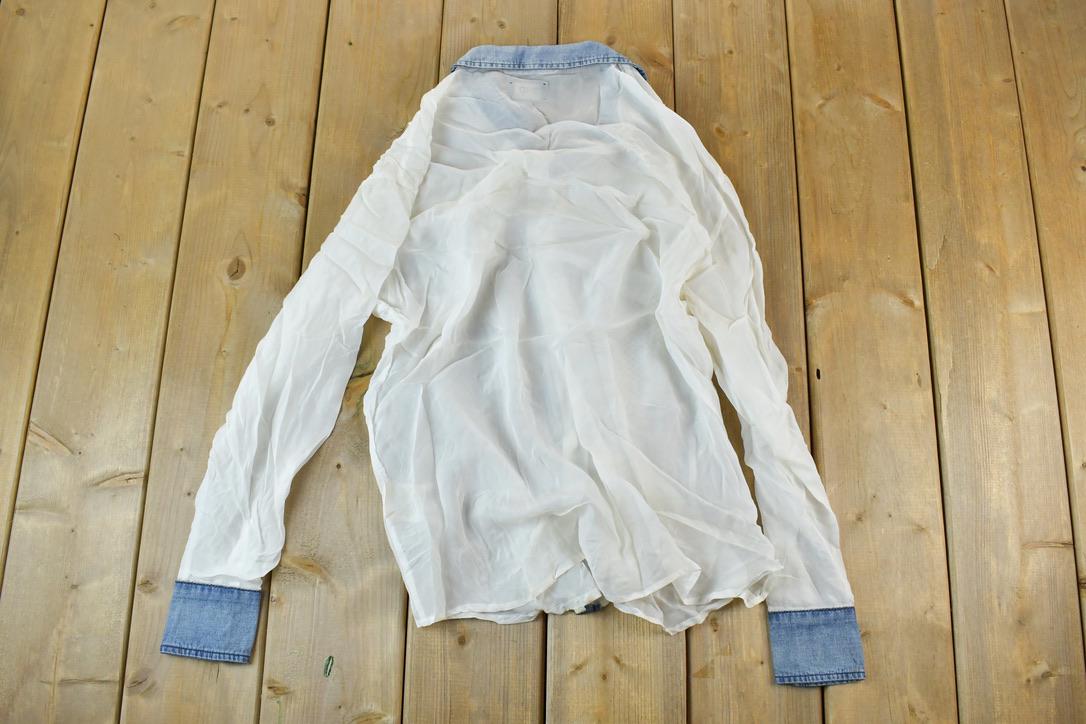 Women Vintage DD Paris Y2K Denim Button Up Shirt / Vigoss Grunge Skull Print / Contrast Stitch / Internet Famous Clothing / Over Dyed