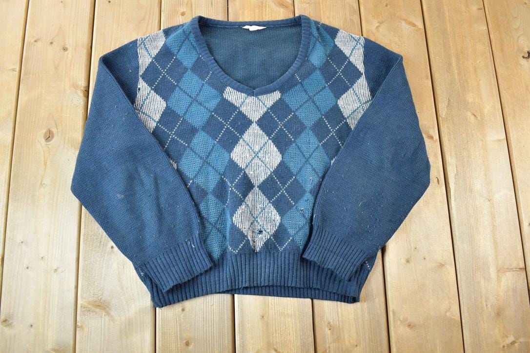 Vintage 1990s Knit Abstract Pattern V Neck Sweater