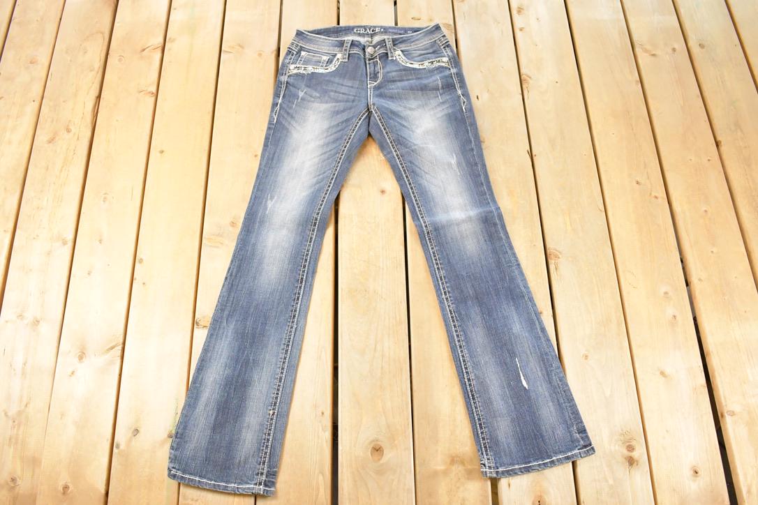 Vintage Deadstock Y2K Grace In LA Bedazzled Low Rise Jeans Women's Size 27 x 32